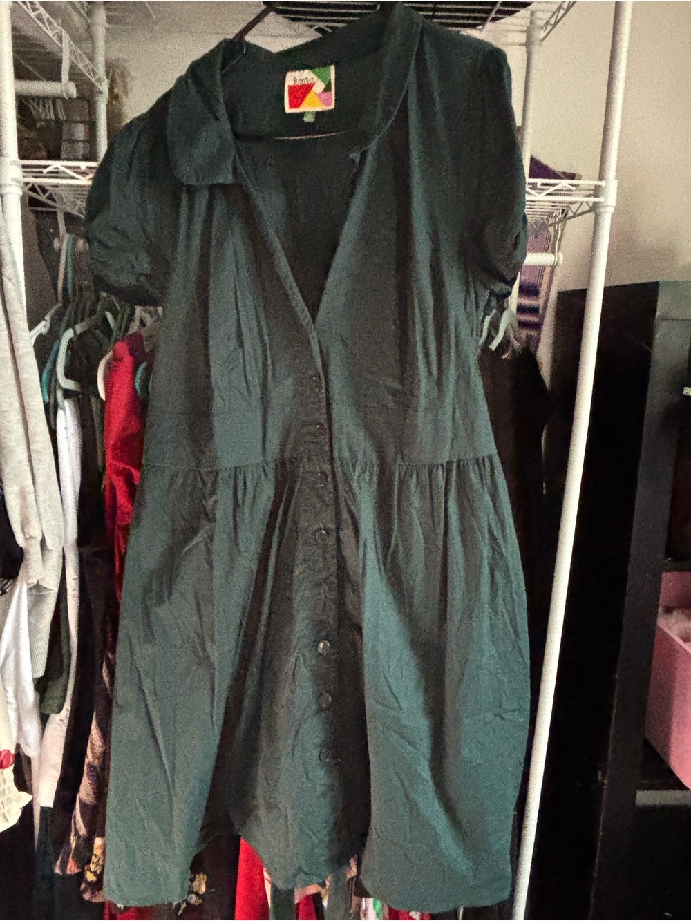Button-Front Midi Dress in Dark Green with Short Puff Sleeves